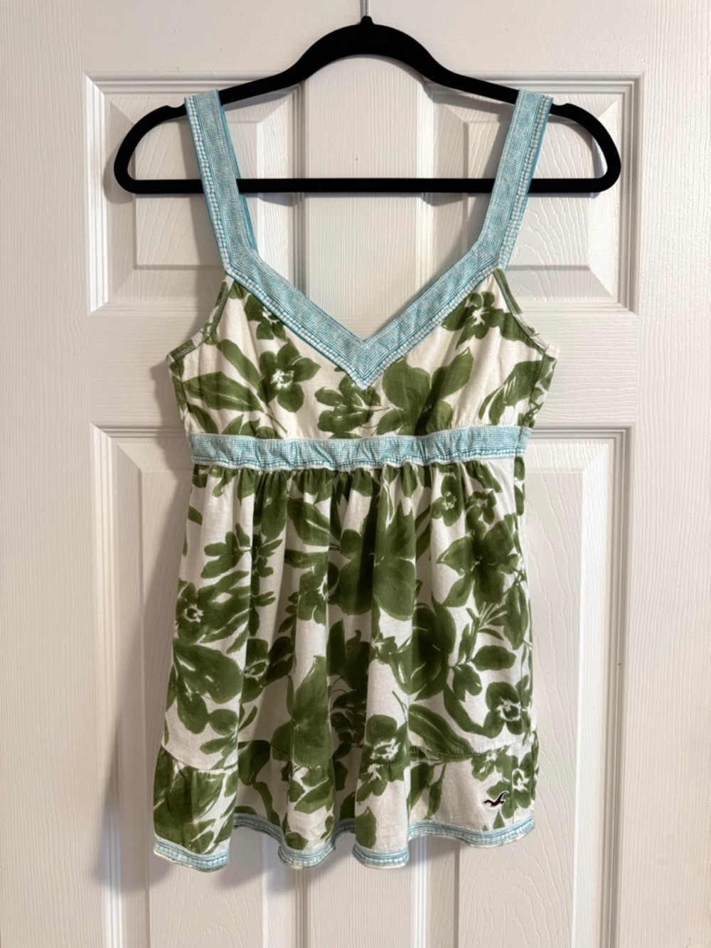 Hollister White Tank with Green Floral Print and Light Blue Trim